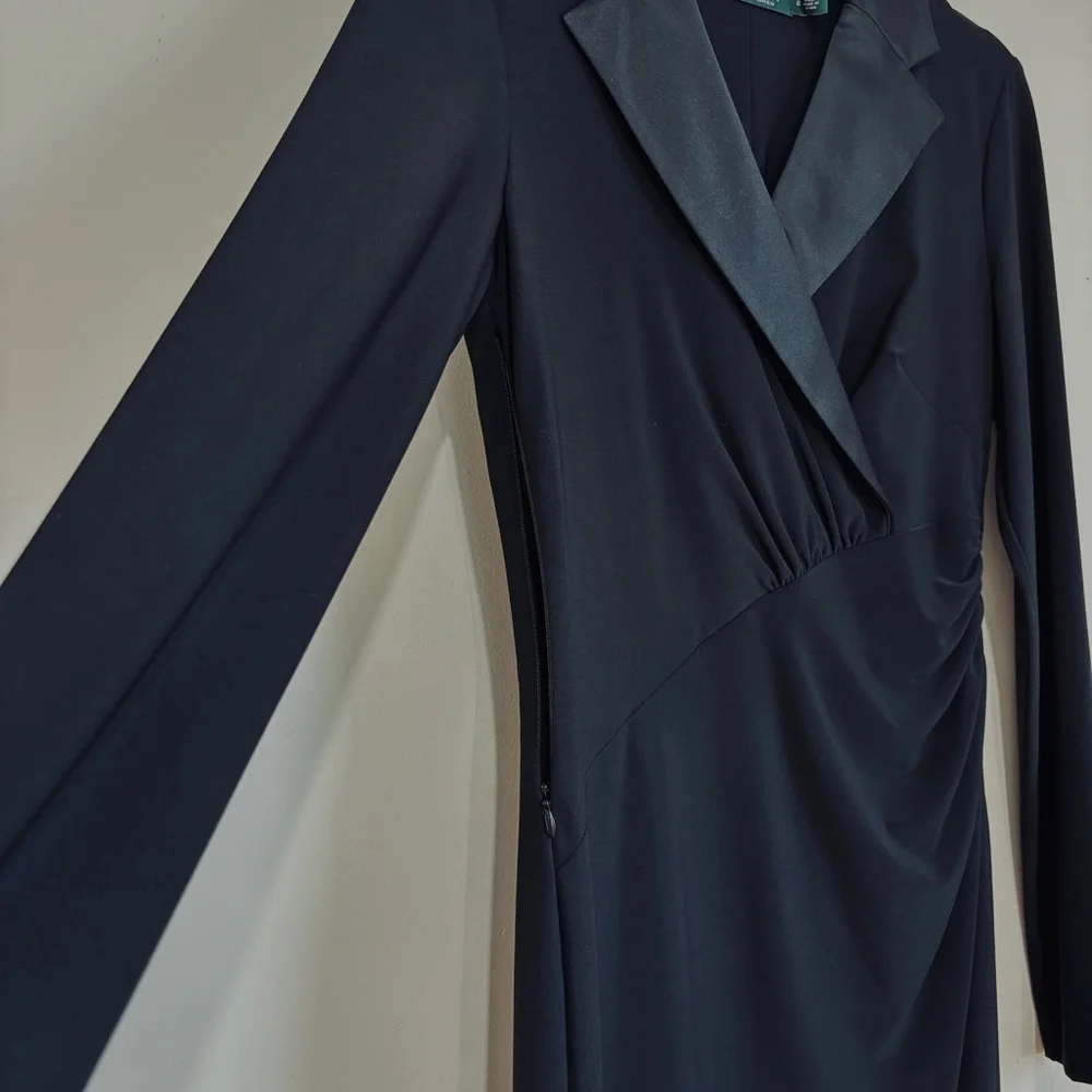NWT Lauren Ralph Lauren  black long sleeve silk tuxedo formal prom blazer dress